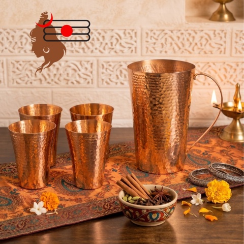 Młotkowany Zestaw Miedziany: Dzbanek 1,5L + 4 Szklanki Copper 