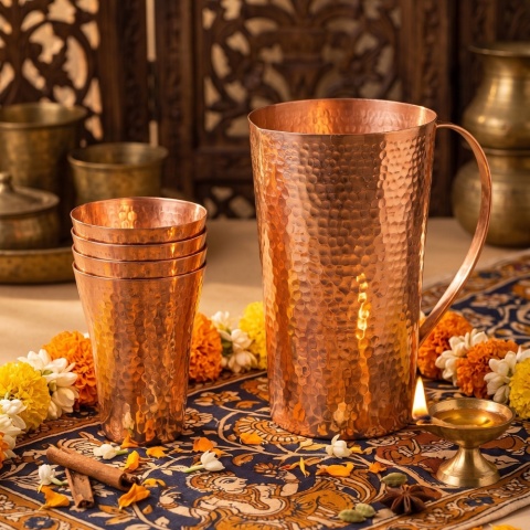 Młotkowany Zestaw Miedziany: Dzbanek 1,5L + 4 Szklanki Copper 